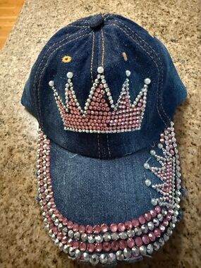 Denim Baseball Cap with Pink Rhinestone Crown